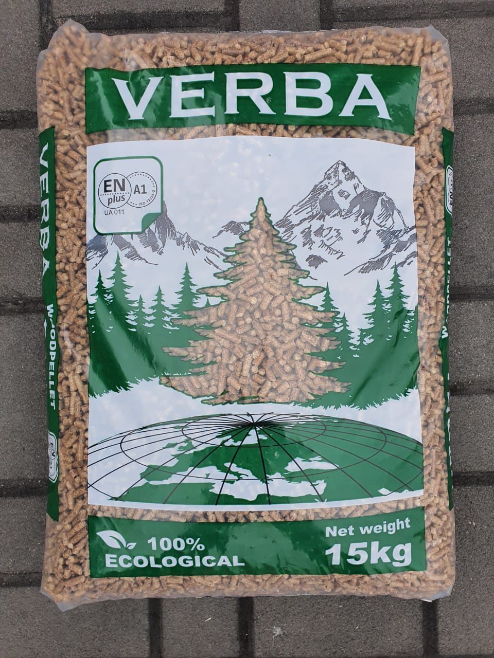 Zak Verba pellets op een pallet